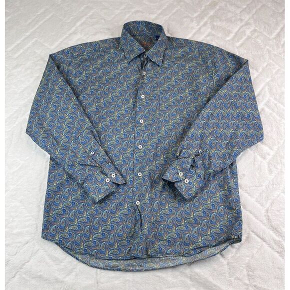 Alan Flusser Shirt Men's (M) Orange Blue Paisley Button Down Long Sleeve - Picture 2 of 6